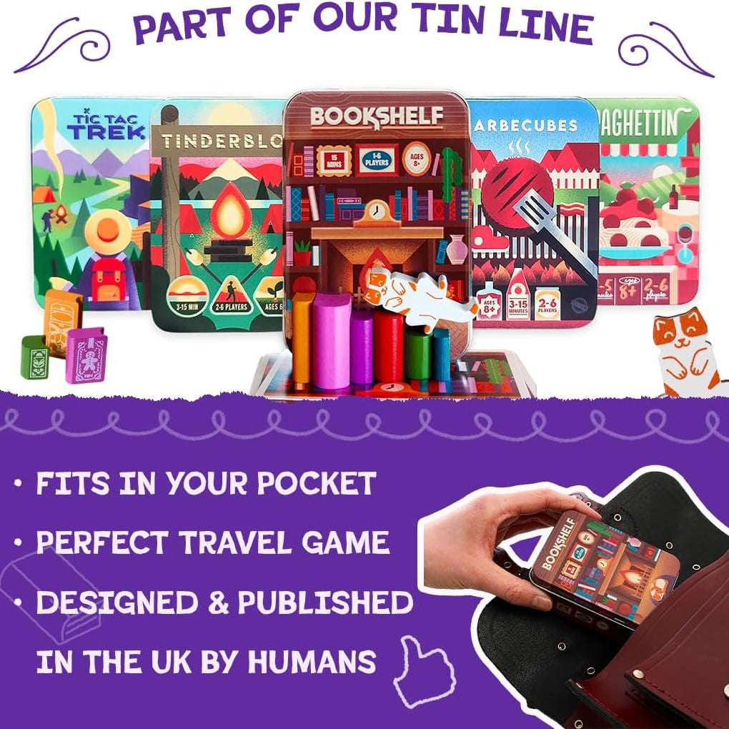 Bookshelf Cooperative Stacking Game | Skill & Balance Card and Book Tower Game in Travel Tin