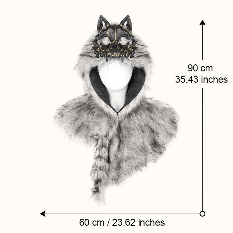 Halloween Medieval Viking Faux Wolf Skull Hooded Cape
