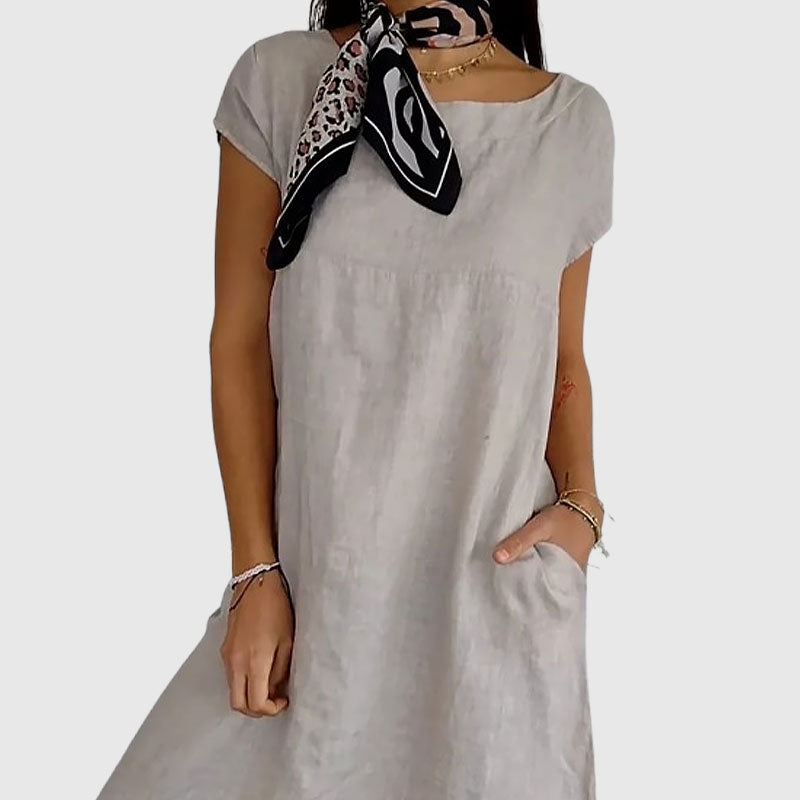 🌸Naisten pyöreä kaula-aukko lyhythihainen puuvilla pellava mekko