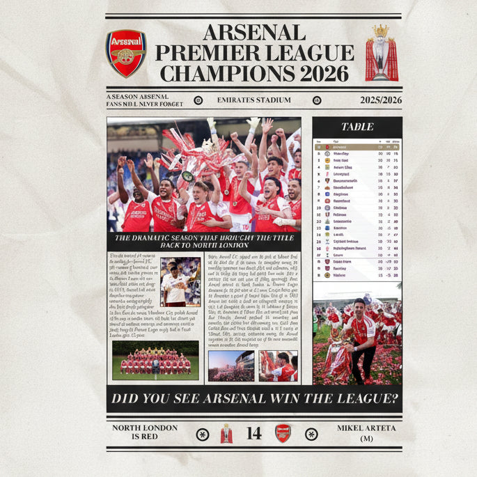 Arsenal Premier League Champions 2026 - Newspaper Style Poster
