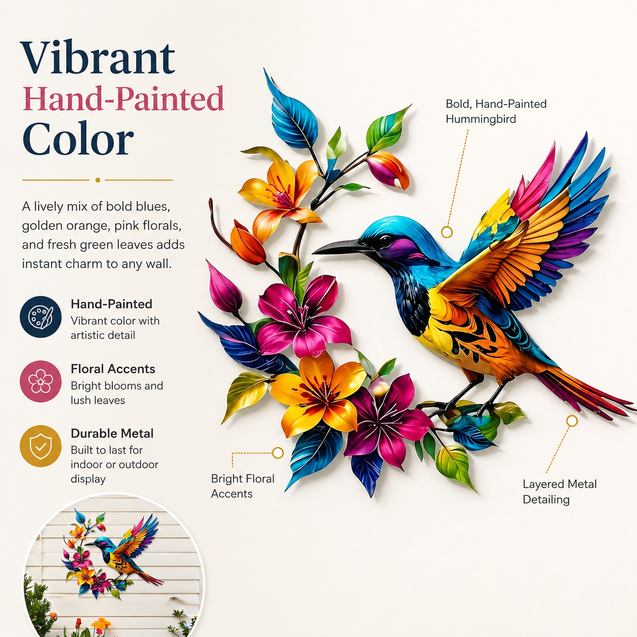 Colorful Hummingbird & Floral Metal Wall Decor