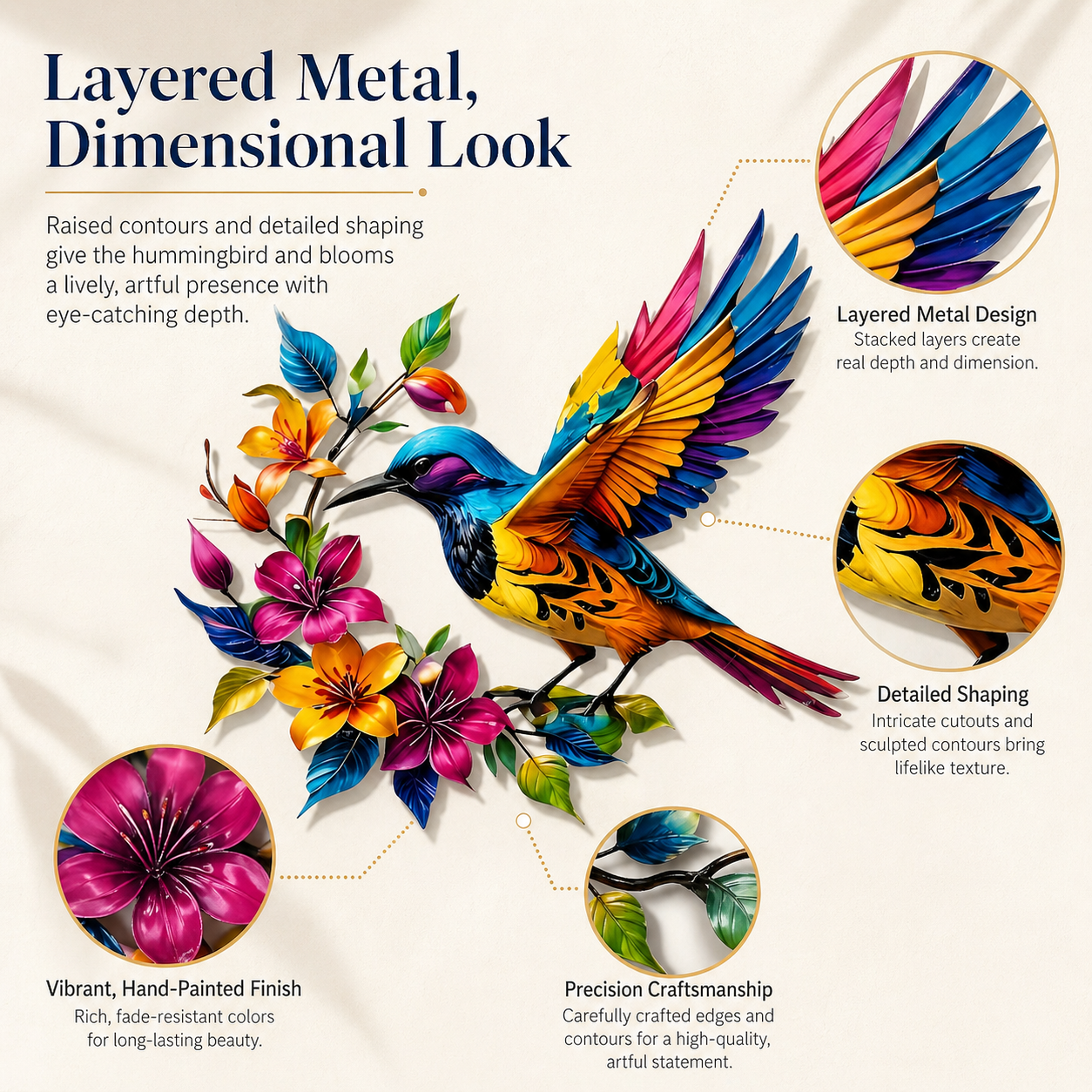 Colorful Hummingbird & Floral Metal Wall Decor