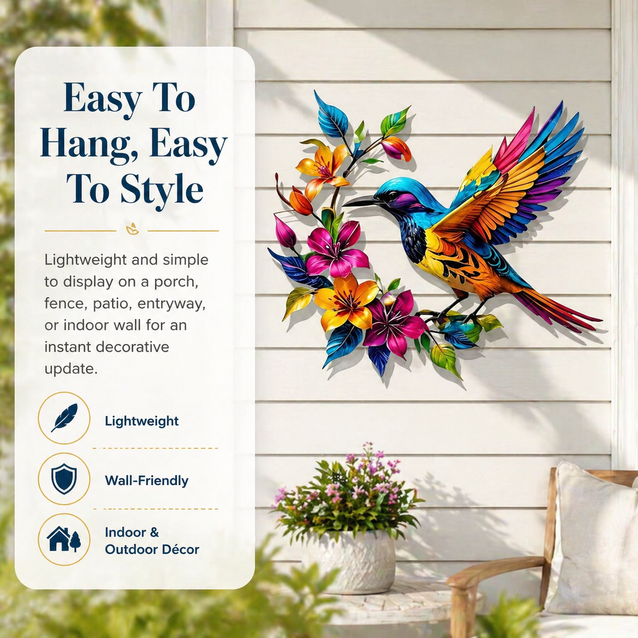 Colorful Hummingbird & Floral Metal Wall Decor