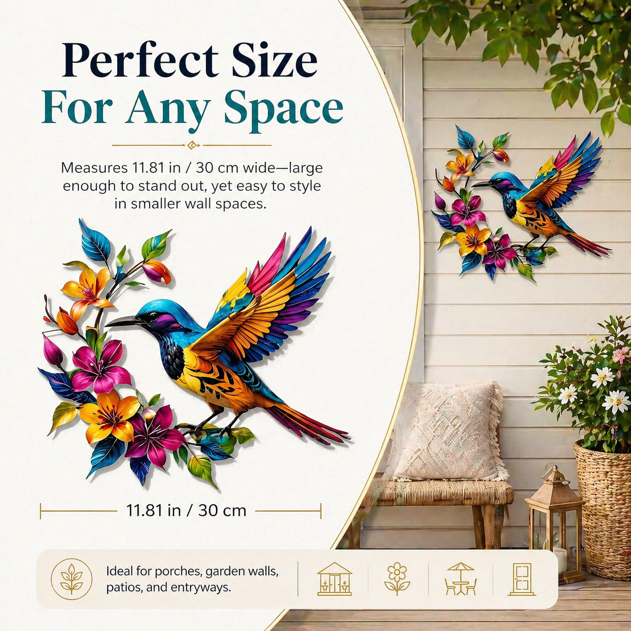 Colorful Hummingbird & Floral Metal Wall Decor