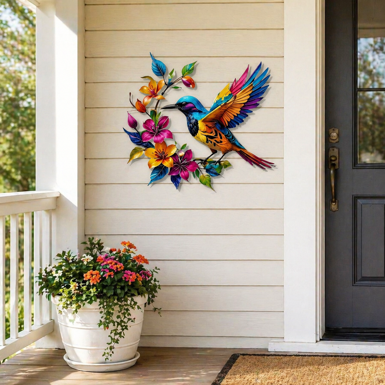 Colorful Hummingbird & Floral Metal Wall Decor
