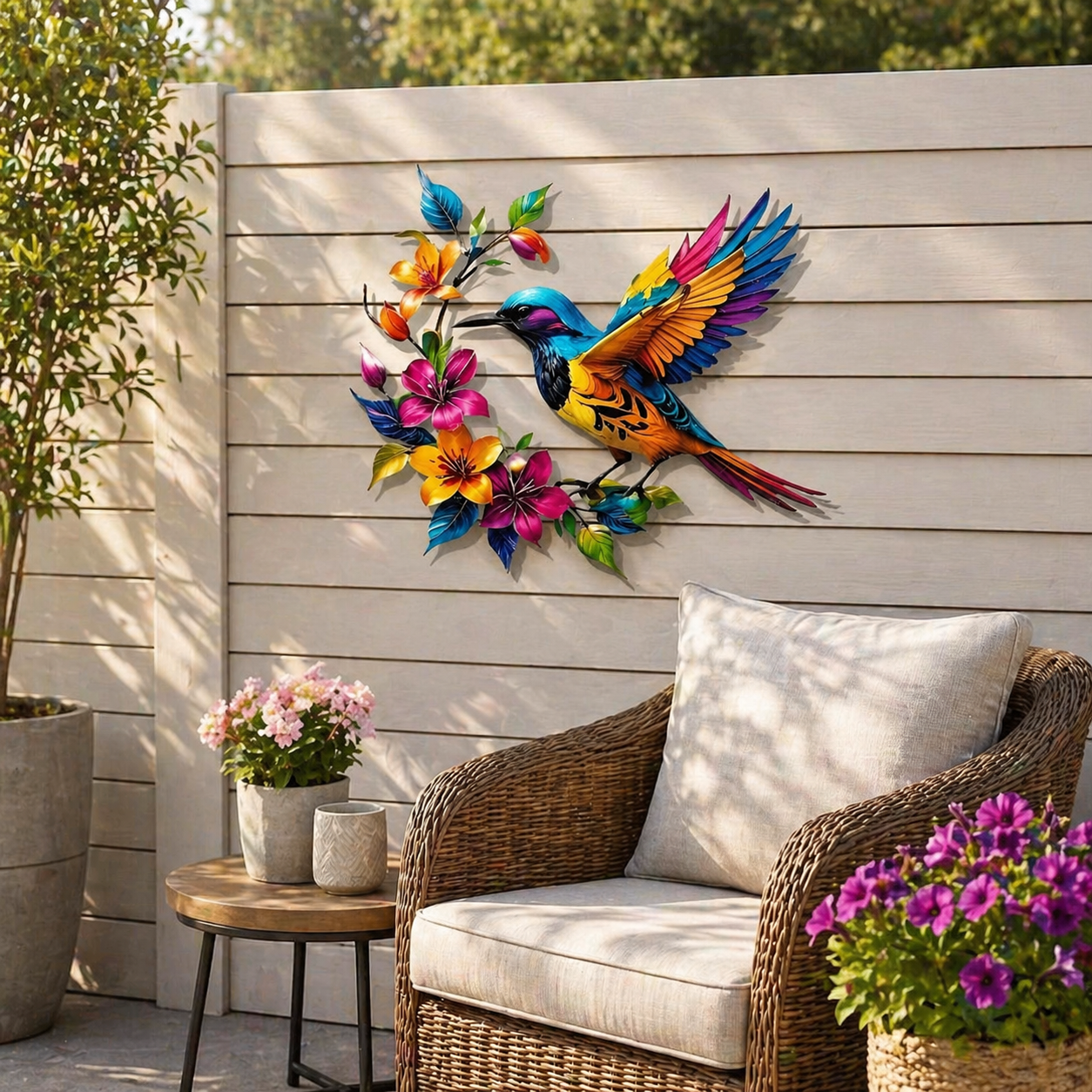 Colorful Hummingbird & Floral Metal Wall Decor