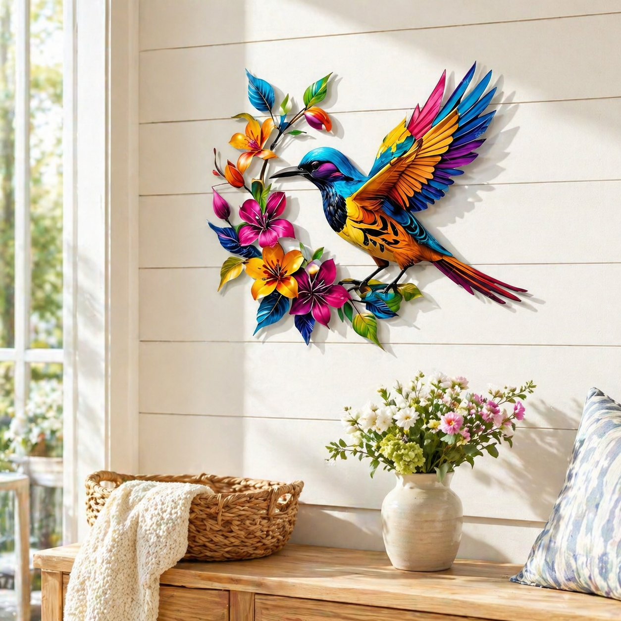 Colorful Hummingbird & Floral Metal Wall Decor