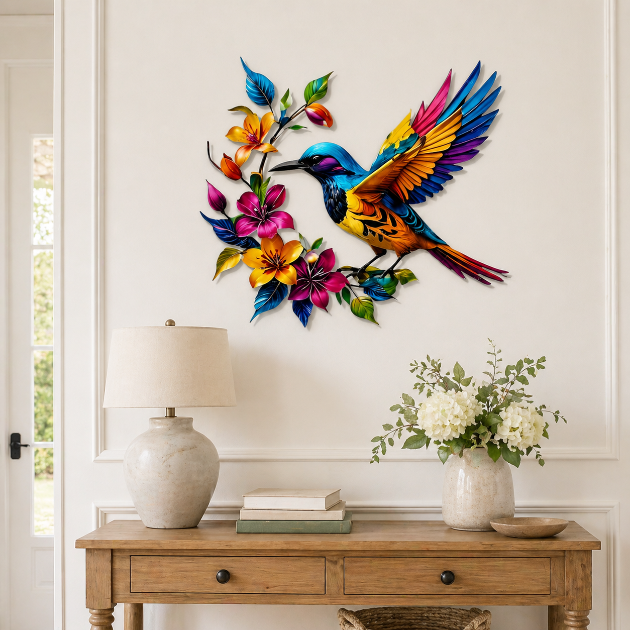 Colorful Hummingbird & Floral Metal Wall Decor
