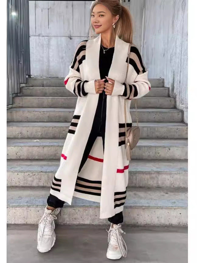 💕Pitkähihainen Raidallinen Neuletakki