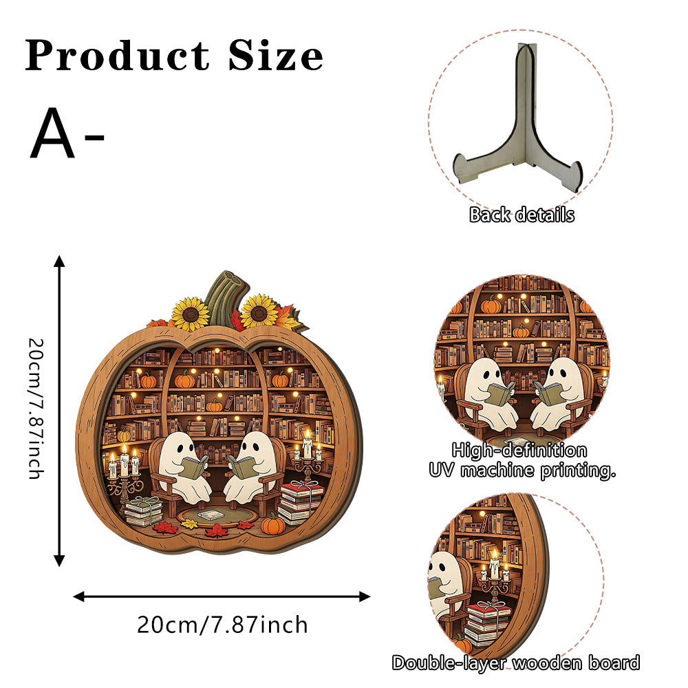 👻 Enchanting Halloween Ghost Pumpkin Decor | Cozy Wooden Tabletop Ornament with Charming Scenes