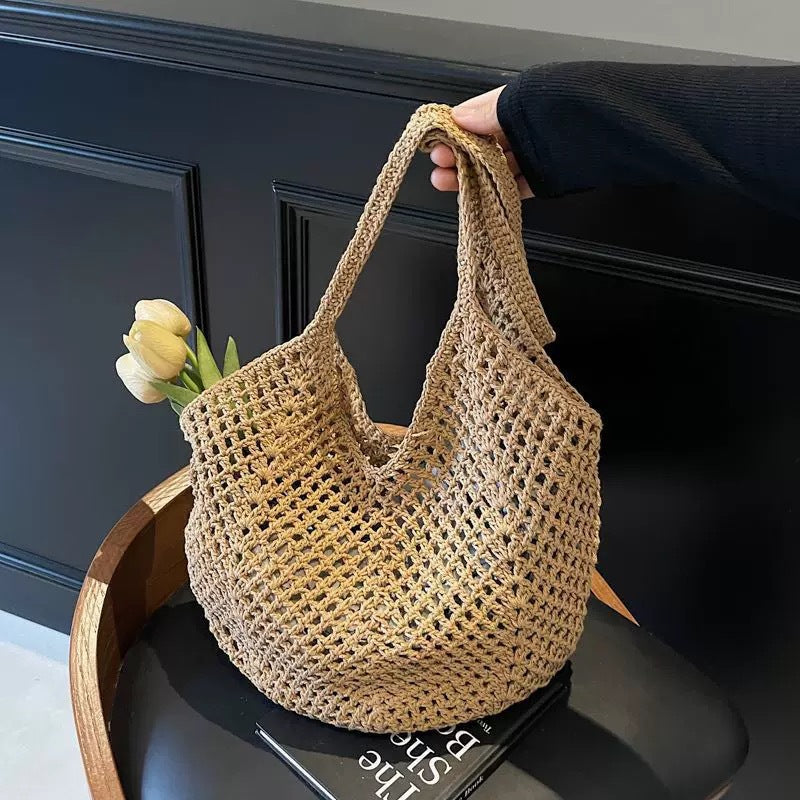 Handmade Crochet Beach Tote Bag – Large Woven Straw Hobo Bag for Summer Travel & Vacation