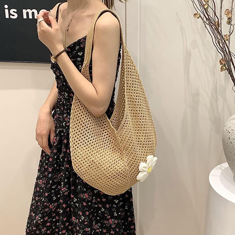 Handmade Crochet Beach Tote Bag – Large Woven Straw Hobo Bag for Summer Travel & Vacation