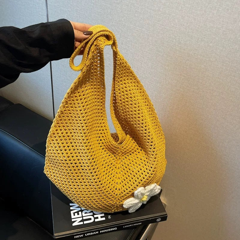 Handmade Crochet Beach Tote Bag – Large Woven Straw Hobo Bag for Summer Travel & Vacation