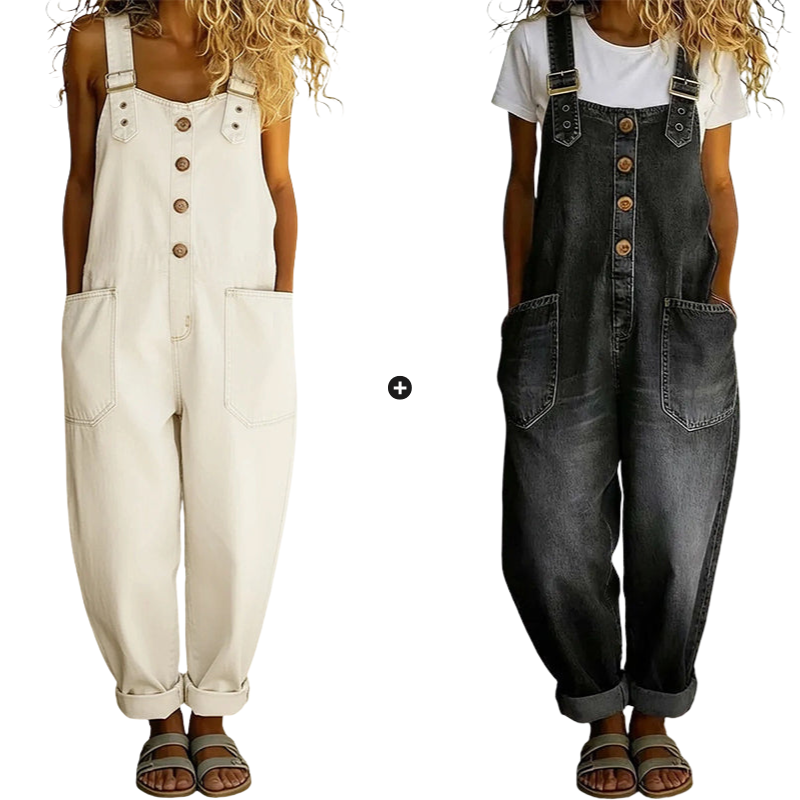 Loose-fitting denim dungarees for women with pocket