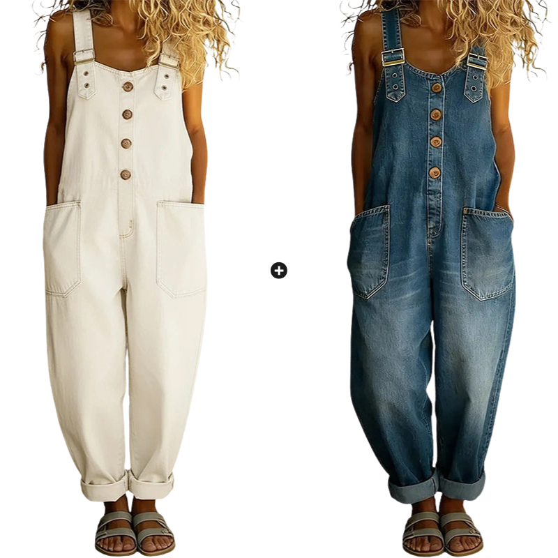 Loose-fitting denim dungarees for women with pocket