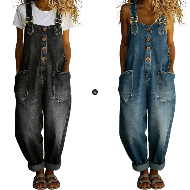 Loose-fitting denim dungarees for women with pocket