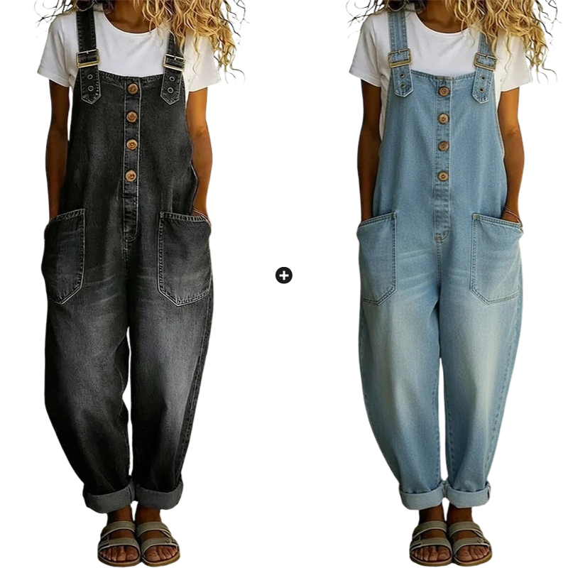 Loose-fitting denim dungarees for women with pocket