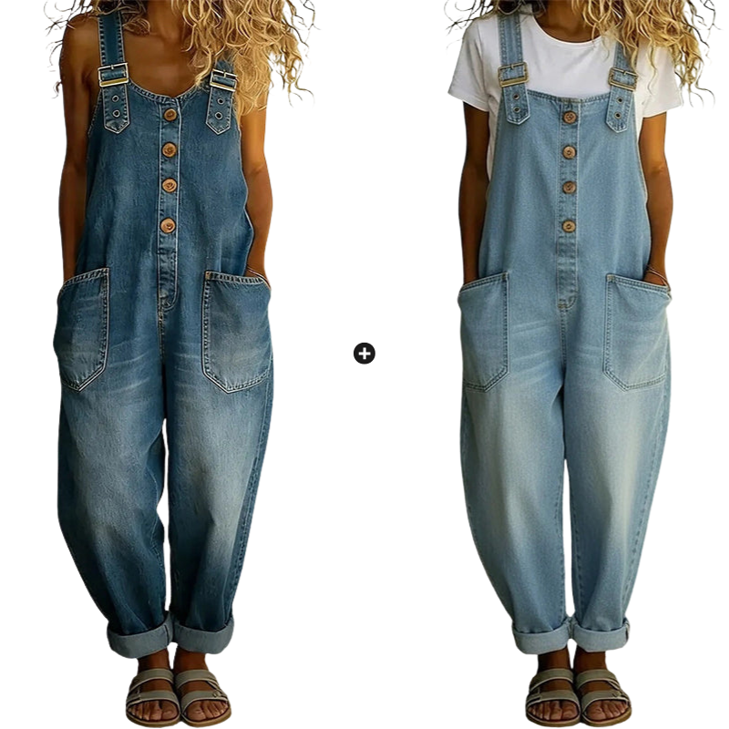 Loose-fitting denim dungarees for women with pocket