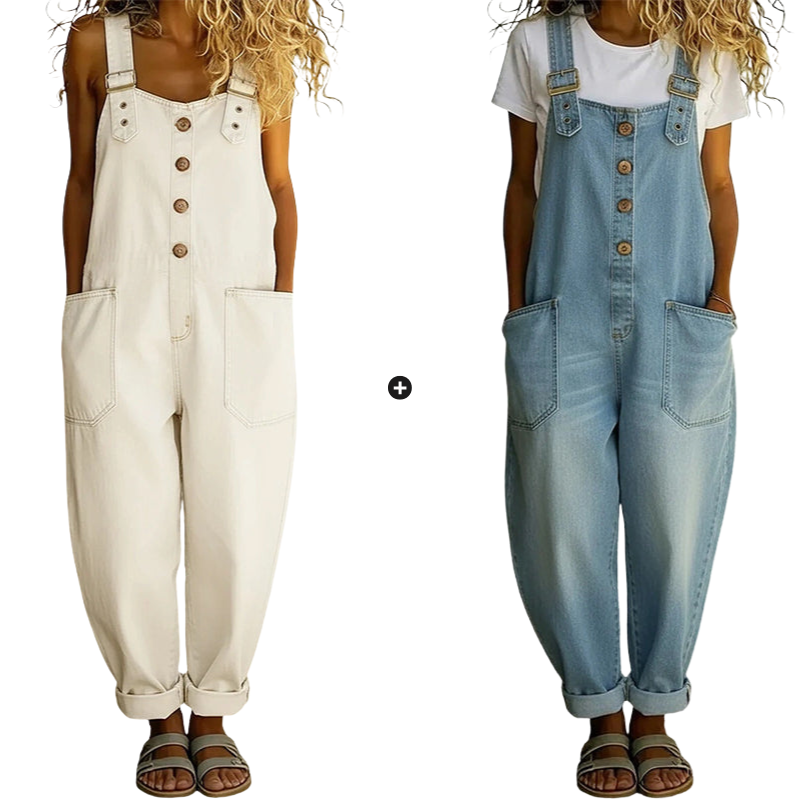 Loose-fitting denim dungarees for women with pocket