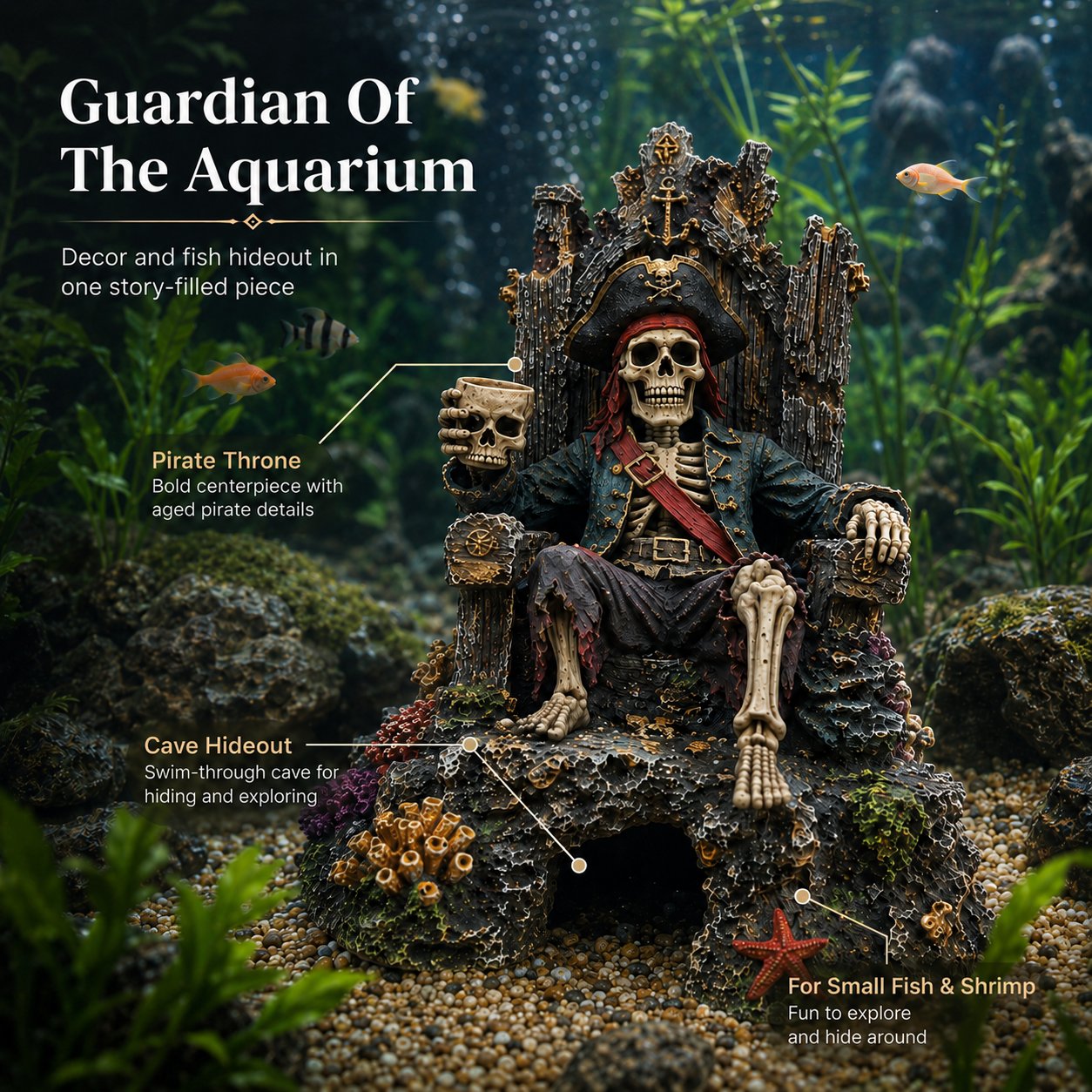 🌊☠️Underwater Pirate Skeleton Throne Aquarium Hideout Cave Decor