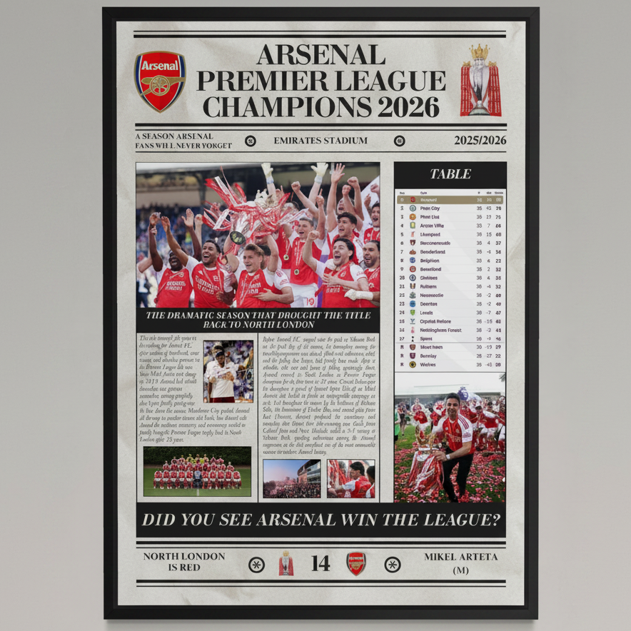 Arsenal Premier League Champions 2026 - Newspaper Style Poster