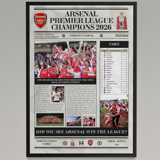 Arsenal Premier League Champions 2026 - Newspaper Style Poster