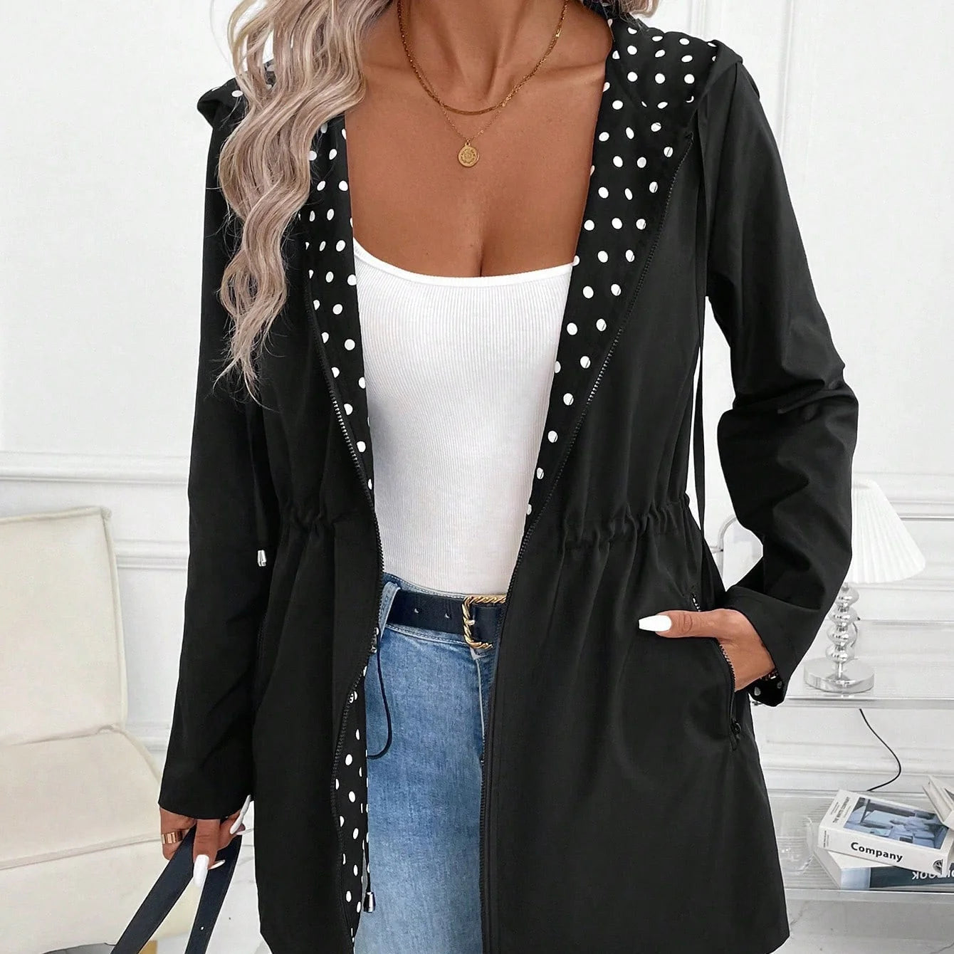 🥻Alkusyksyn kampanja - 50 % alennus🥻Naisten takki, jossa on kaksipuolinen vetoketju ja huppu