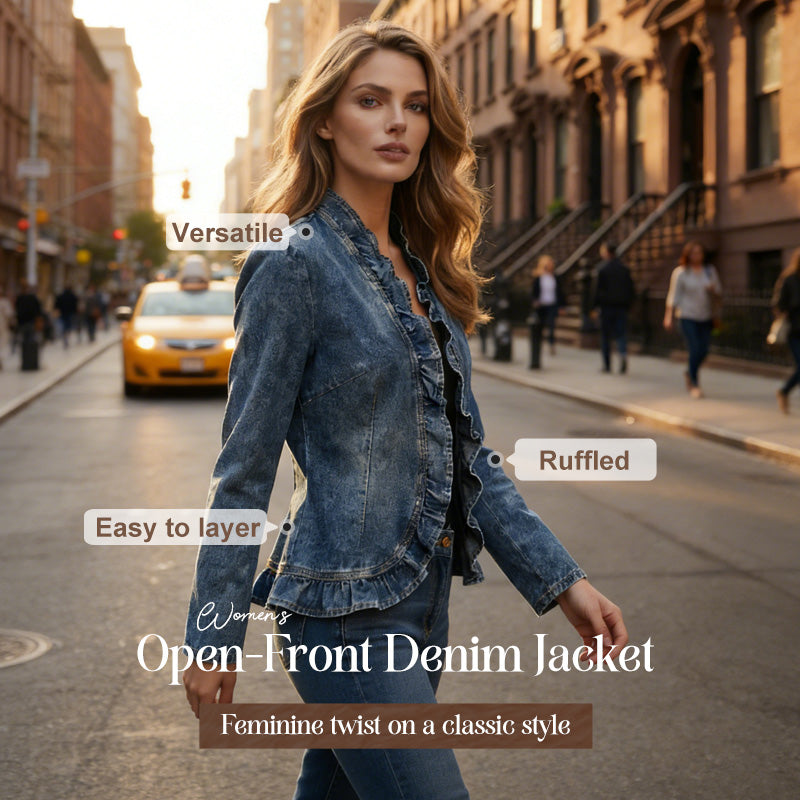 Women's Denim Jacket – Open-Front, Ruffle Trim, Lightweight, Classic Wash
