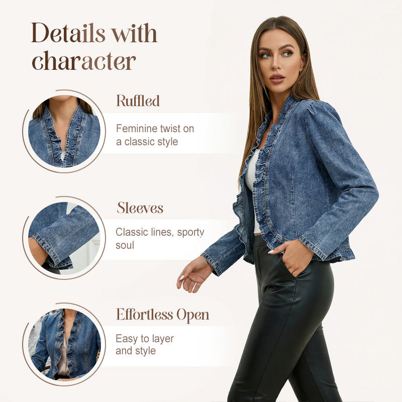 Women's Denim Jacket – Open-Front, Ruffle Trim, Lightweight, Classic Wash