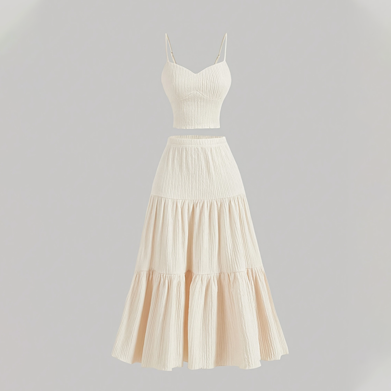 👗 Set comprising a high-waisted A-line skirt and a tank top – Boho-chic style, crinkled fabric and adjustable fi 🌿