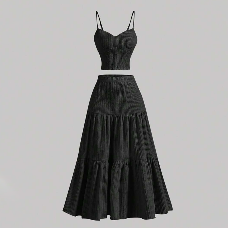 👗 Set comprising a high-waisted A-line skirt and a tank top – Boho-chic style, crinkled fabric and adjustable fi 🌿