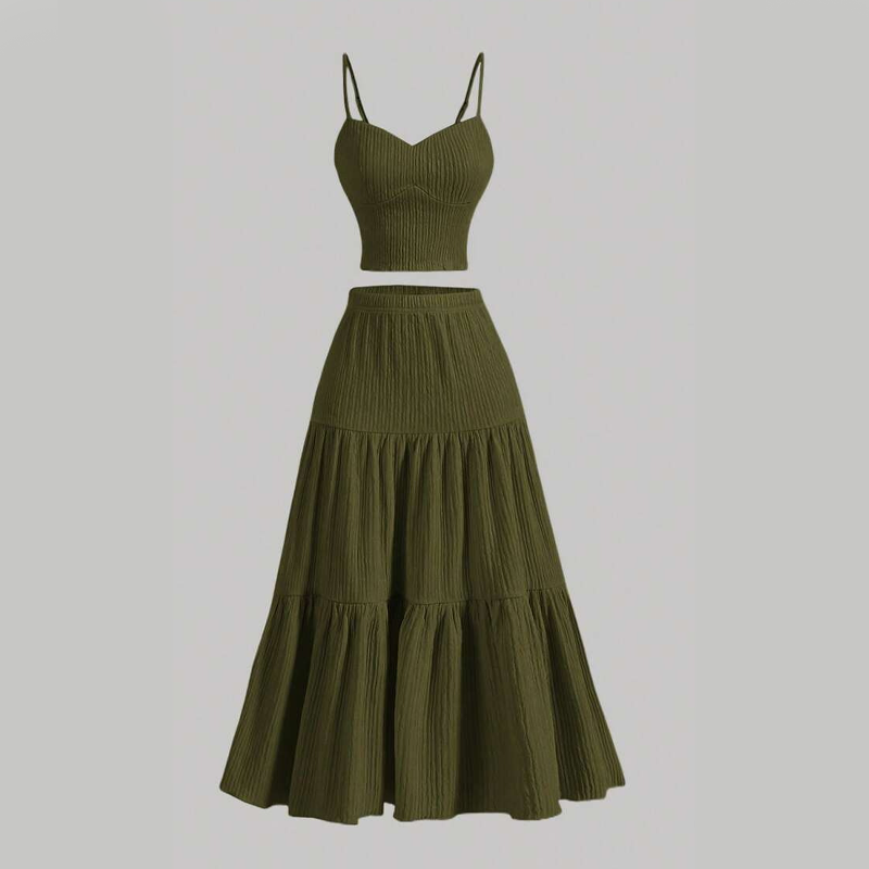 👗 Set comprising a high-waisted A-line skirt and a tank top – Boho-chic style, crinkled fabric and adjustable fi 🌿