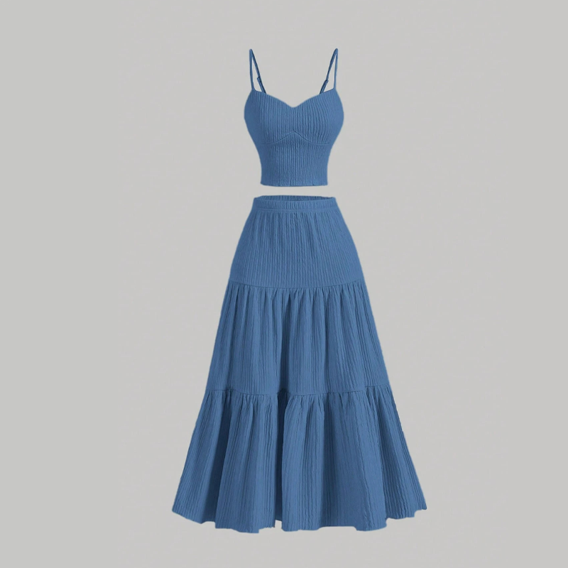👗 Set comprising a high-waisted A-line skirt and a tank top – Boho-chic style, crinkled fabric and adjustable fi 🌿