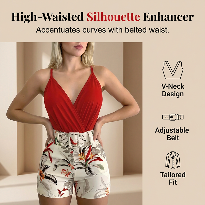 ☀️ LIMITED-TIME 50% OFF! ✨ V-Neck & High-Waist Shorts Set – Tropical Print, 2-Piece Vacation Outfit 🌴