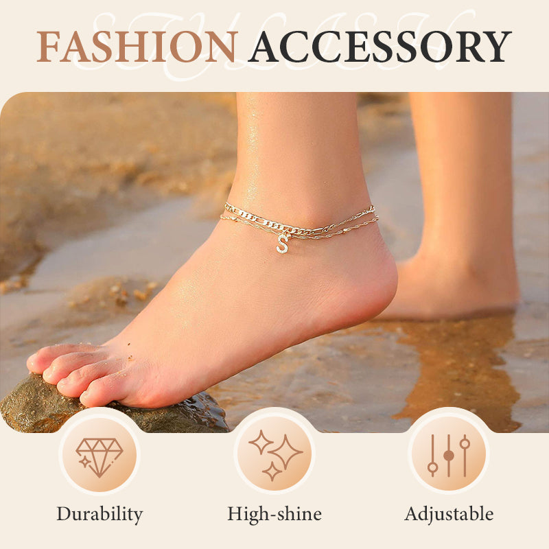 ✨ Layered Gold Ankle Bracelet for Women – Rhinestone, Adjustable, Beach Jewelry 🏖️