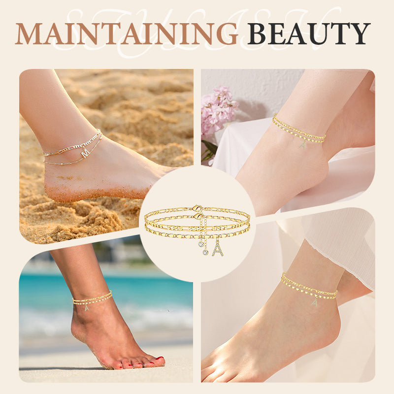 ✨ Layered Gold Ankle Bracelet for Women – Rhinestone, Adjustable, Beach Jewelry 🏖️