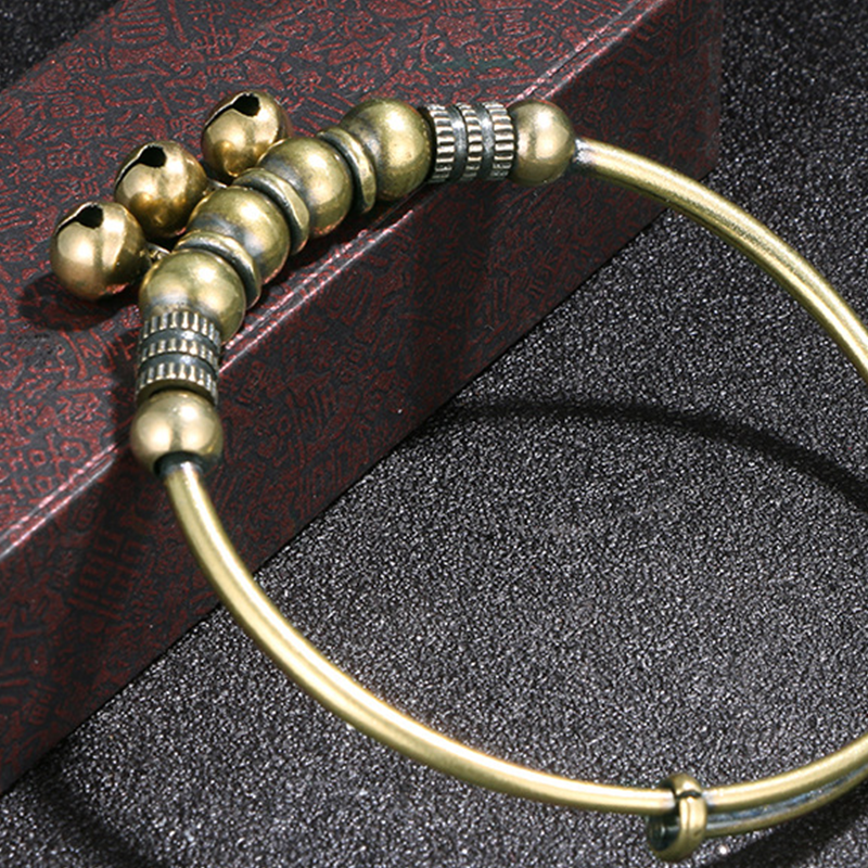 Vintage Brass Bell Bangle - Adjustable Boho Beaded Bracelet