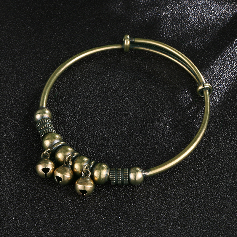 Vintage Brass Bell Bangle - Adjustable Boho Beaded Bracelet