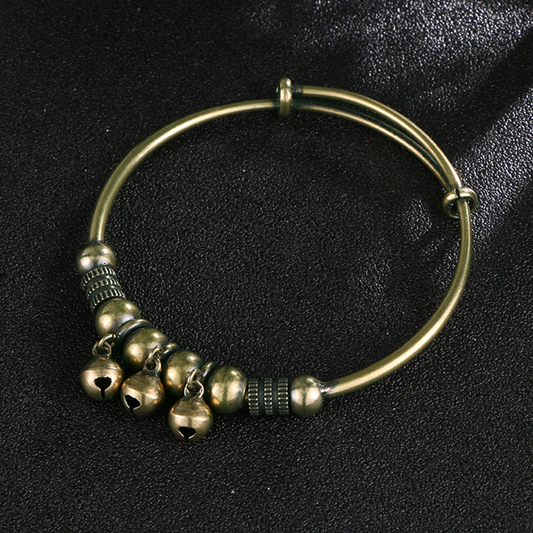 Vintage Brass Bell Bangle - Adjustable Boho Beaded Bracelet