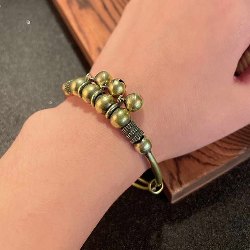 Vintage Brass Bell Bangle - Adjustable Boho Beaded Bracelet