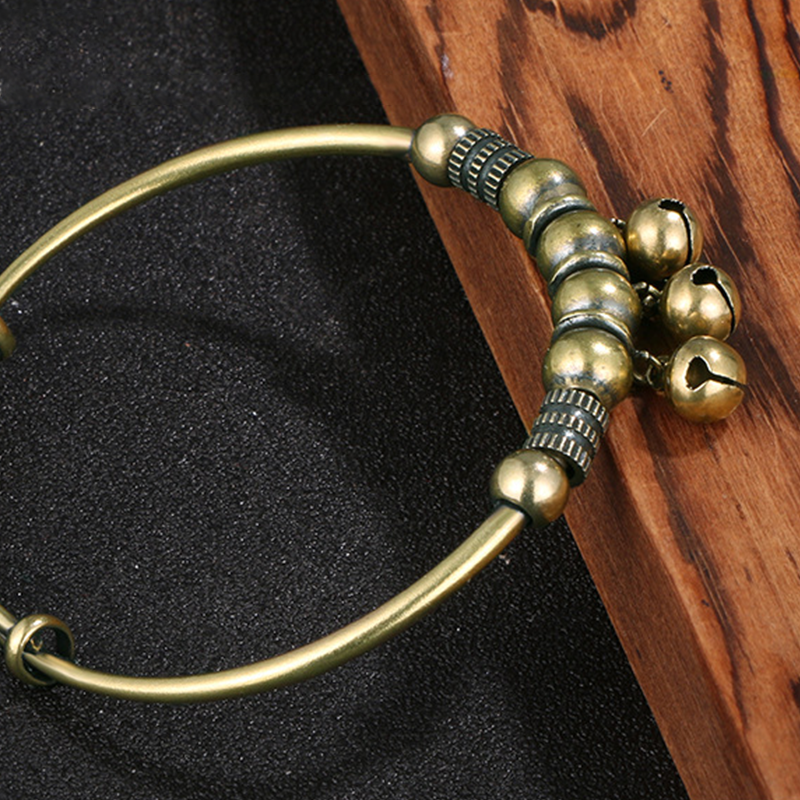 Vintage Brass Bell Bangle - Adjustable Boho Beaded Bracelet