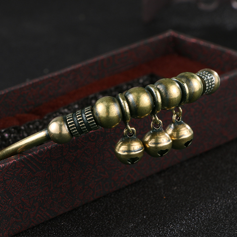 Vintage Brass Bell Bangle - Adjustable Boho Beaded Bracelet