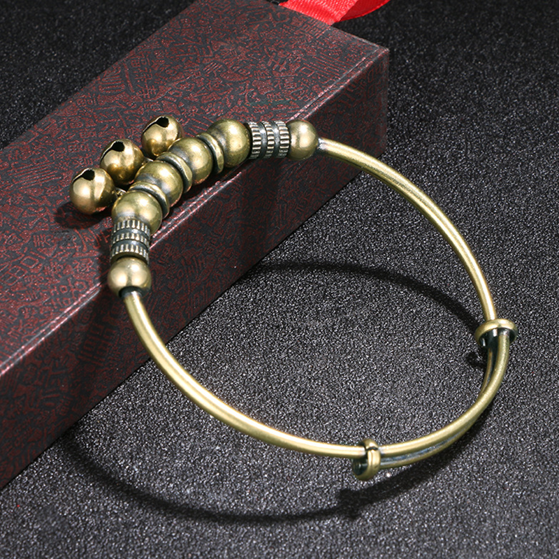 Vintage Brass Bell Bangle - Adjustable Boho Beaded Bracelet
