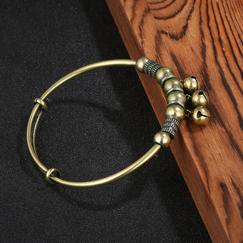 Vintage Brass Bell Bangle - Adjustable Boho Beaded Bracelet