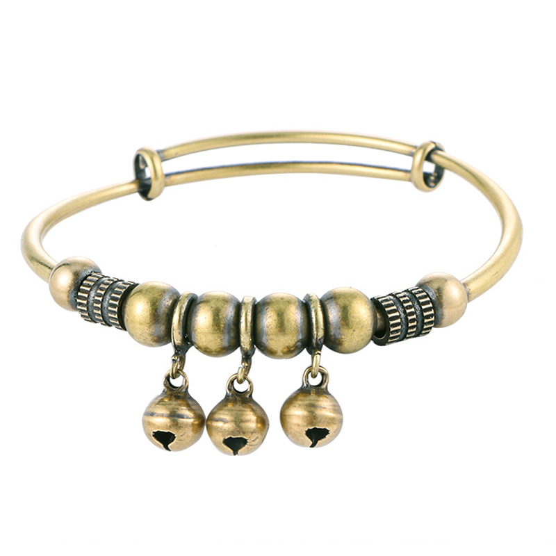 Vintage Brass Bell Bangle - Adjustable Boho Beaded Bracelet