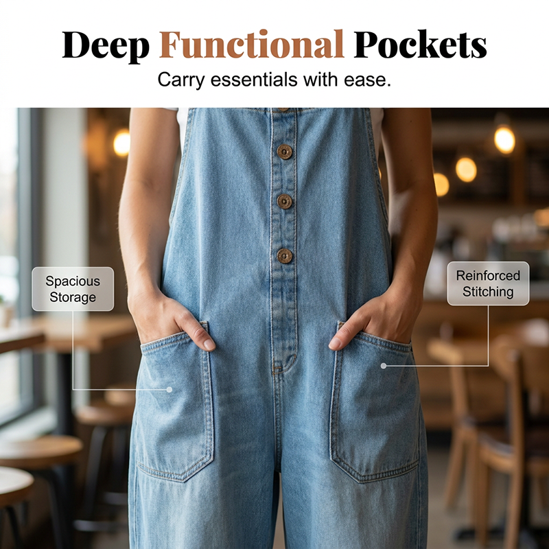 Loose-fitting denim dungarees for women with pocket