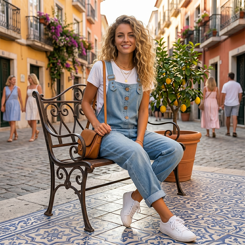 Loose-fitting denim dungarees for women with pocket