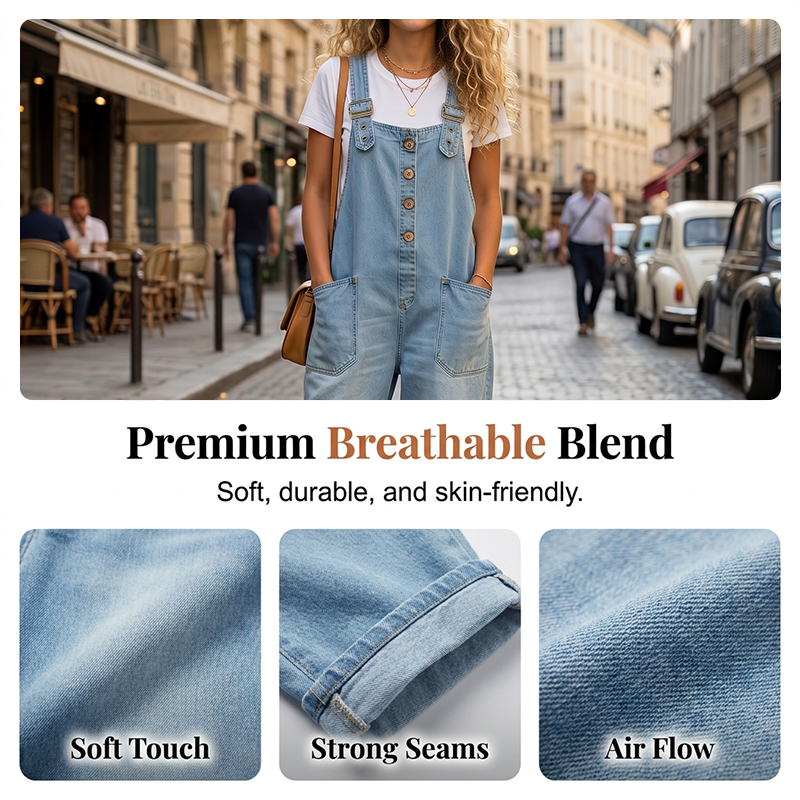 Loose-fitting denim dungarees for women with pocket