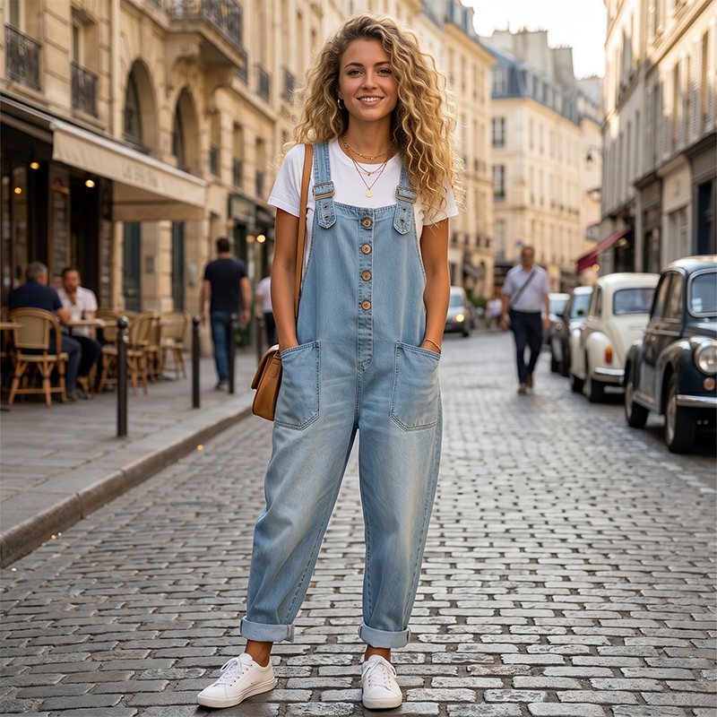 Loose-fitting denim dungarees for women with pocket