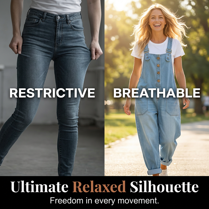 Loose-fitting denim dungarees for women with pocket